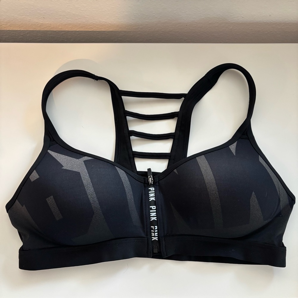 Victorias Secret PINK Black and Grey Sports Bra Front Zip push-up Athletic bra